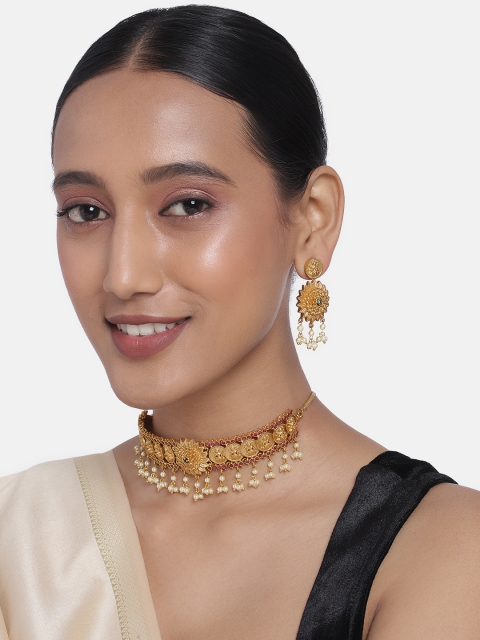 

Peora Maroon & White Matte Finish Gold-Plated Embellished Temple Jewellery Set