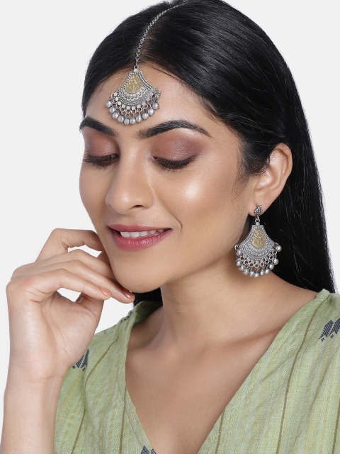 

Peora Traditional Antique Oxidised Silver Plated Maangtika With Earrings