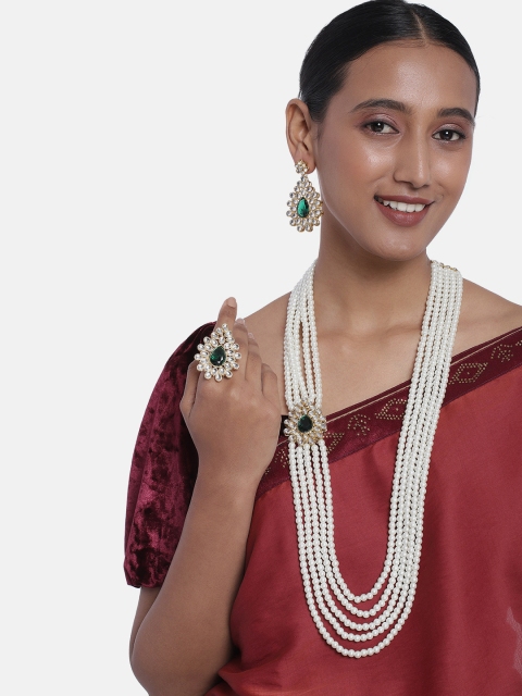 

Peora White & Green Gold-Plated Kundan & Pearl Long Layered Jewellery Set