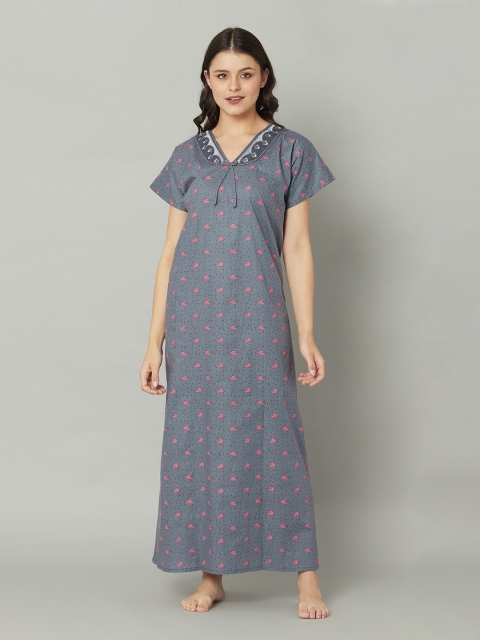 

TRUNDZ Grey Printed Pure Cotton Maxi Nightdress