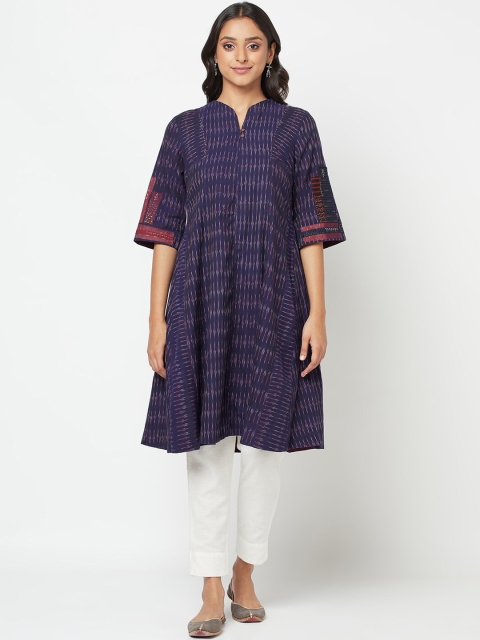 

Fabindia Women Blue Ethnic Motifs Printed Flared Sleeves Thread Work Kurta