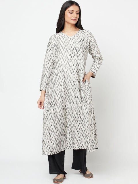 

Fabindia Women Cream-Coloured & Grey Geometric Printed Kurta