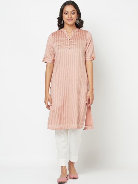 

Fabindia Women Peach-Coloured Striped Straight Kurta