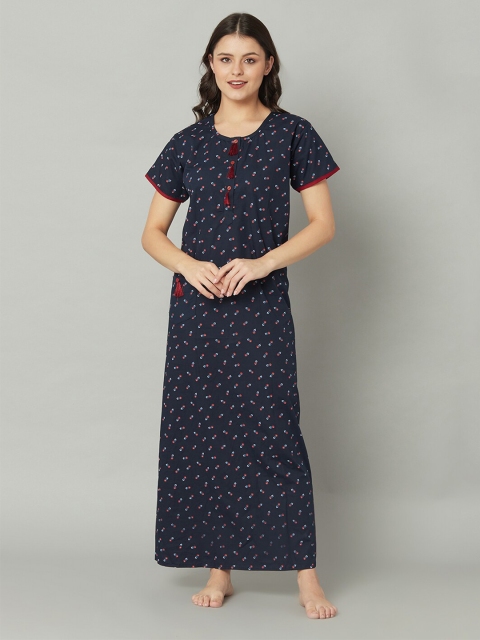 

TRUNDZ Navy Blue Printed Pure Cotton Maxi Nightdress