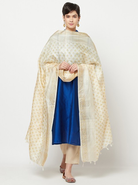 

Fabindia Beige & Gold-Toned Ethnic Motifs Printed Pure Silk Dupatta