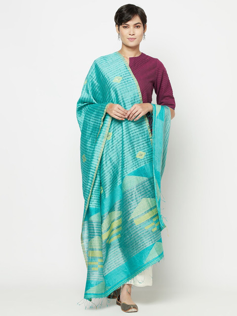 

Fabindia Turquoise Blue & Green Striped Pure Silk Dupatta