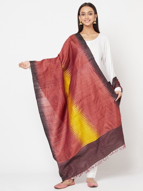 

Fabindia Red & Yellow Colourblocked Pure Silk Ikat Dupatta