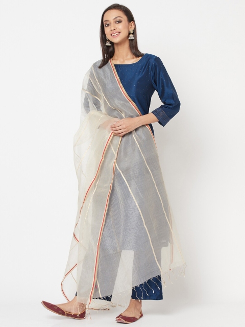 

Fabindia Off White & Gold-Toned Striped Maheshwari Karnaphool Cotton Silk Dupatta