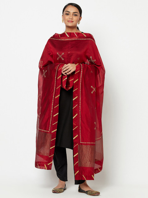 

Fabindia Red & Gold-Toned Ethnic Motifs Embroidered Cotton Silk Dupatta