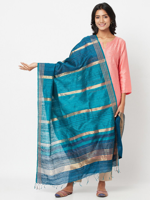 

Fabindia Women Green Striped Matka Zari Silk Dupatta