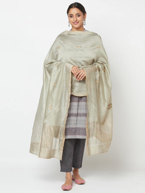 

Fabindia Grey & Gold-Toned Ethnic Motifs Embroidered Cotton Silk Dupatta