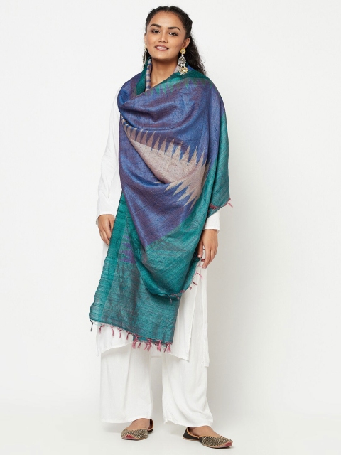 

Fabindia Blue & Green Colourblocked Pure Silk Dupatta