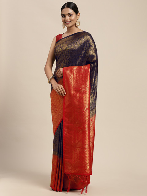 

DIVASTRI Navy Blue & Red Ethnic Motifs Zari Kanjeevaram Saree