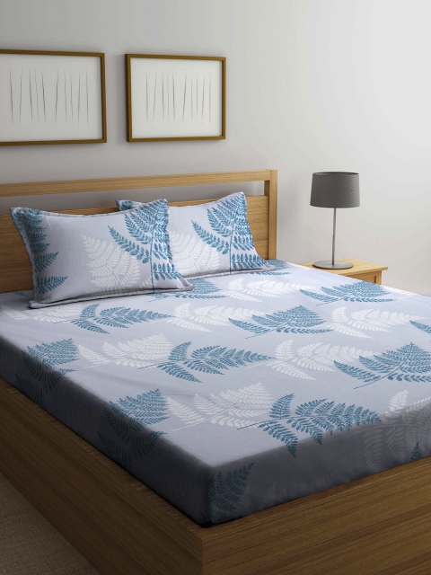 

KLOTTHE Grey & Blue Floral 210 TC King Bedsheet with 2 Pillow Covers