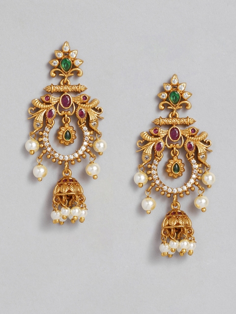 

Peora Red & Golden Matte Gold Plated Diamond Shaped Cubic Zirconia Drop Earrings