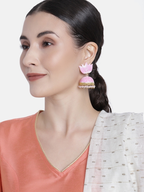 

Peora Pink Gold-Plated Floral Shaped Beaded Handcrafted Meenakari Jhumkas
