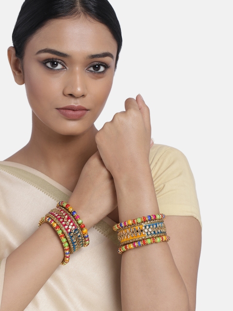 

Peora Set of 10 Multicoloured Gold Plated Velvet Kundan Studded Chuda Bangles, Multi