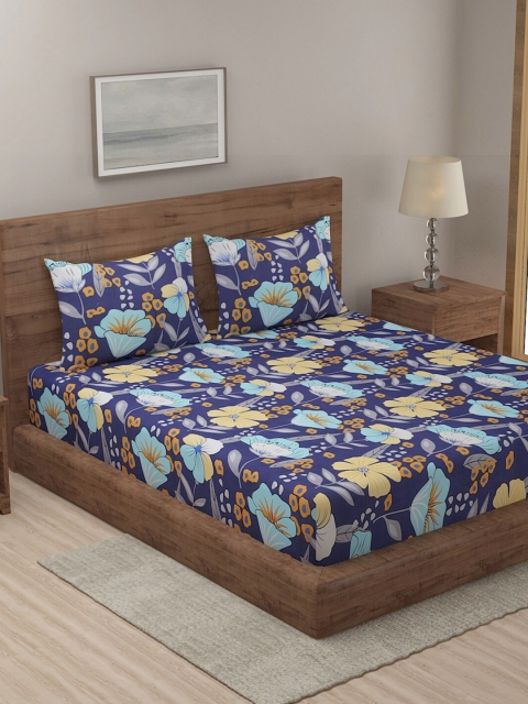 

TAG 7 Black & Blue Floral 210 TC 2 King Bedsheets with 4 Pillow Covers