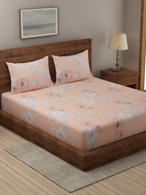 

TAG 7 Pack of 2 Navy Blue & Peach Floral 210 TC King Bedsheet with 4 Pillow Covers