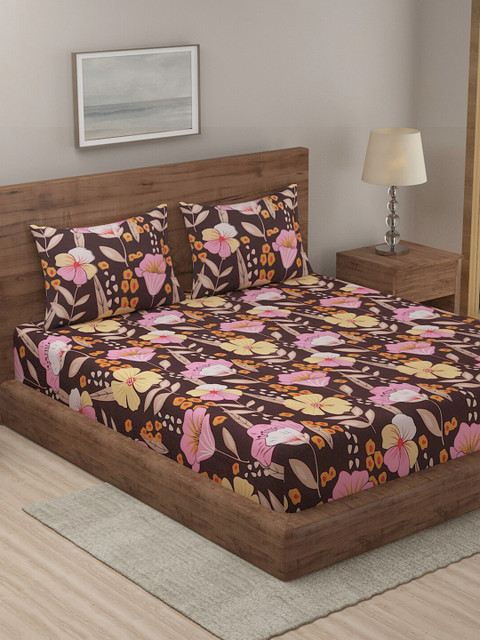 

TAG 7 Set Of 2 Coffee Brown & Taupe Floral 210 TC 2 King Bedsheet with 4 Pillow Covers