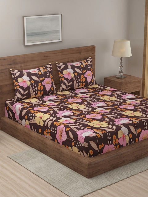 

TAG 7 Pack of 2 Brown & Pink Floral 210 TC King Bedsheet with 4 Pillow Covers