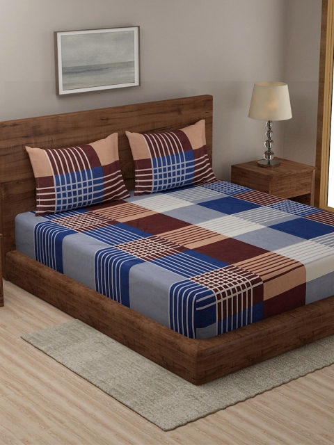 

TAG 7 Pack of 2 Brown & Blue Geometric 210 TC King Bedsheet with 4 Pillow Covers