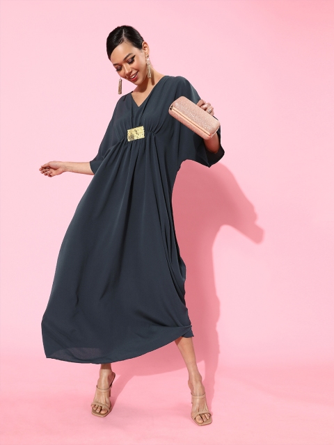 

The Vanca Women Deep Navy Blue Solid Kimono Sleeves Dress