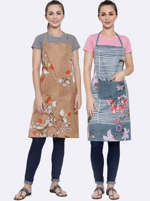 

Arrabi Pack of 2 Printed Apron With Pockets, Camel brown
