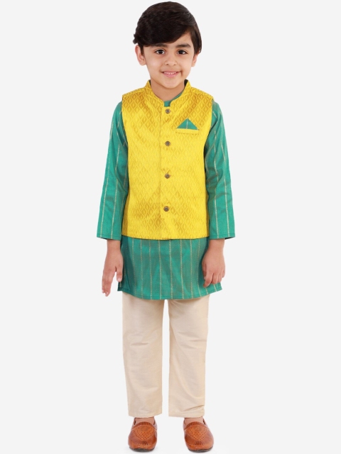 

Lil Peacock Boys Teal & Yellow Regular Kurta with Pyjamas & Nehru Jacket