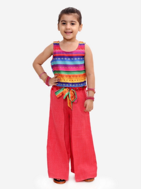 

Lil Peacock Girls Red & Blue Printed Top with Palazzos