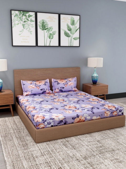 

NEUDIS Lavender & Navy Blue Floral 180 TC 2 King Bedsheet with 4 Pillow Covers