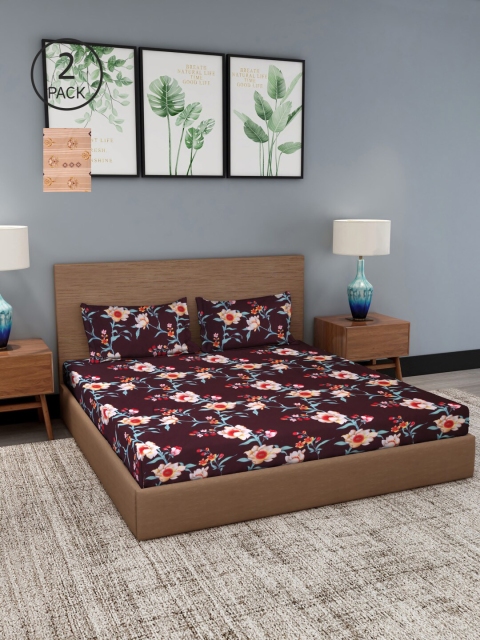 

NEUDIS Maroon & Beige Floral 180 TC 2 King Bedsheets with 4 Pillow Covers