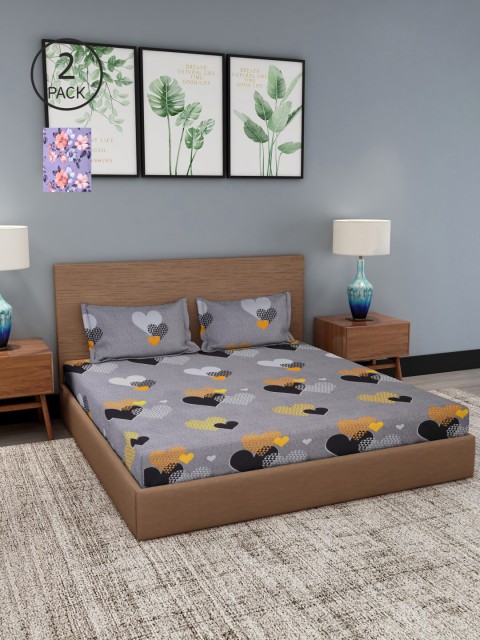 

NEUDIS Grey & Blue Floral 180 TC 2 King Bedsheet with 4 Pillow Covers