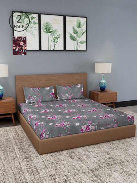 

NEUDIS Grey & Maroon Floral 180 TC 2 Queen Bedsheet with 4 Pillow Covers