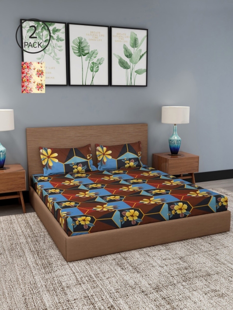 

NEUDIS Brown & Blue Floral 180 TC 2 King Bedsheet with 4 Pillow Covers