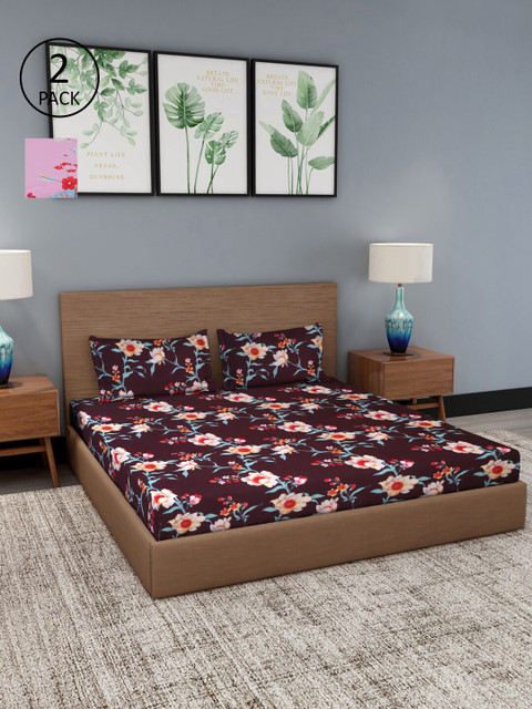 

NEUDIS Brown & Rose Floral 180 TC 2 Queen Bedsheet with 4 Pillow Covers
