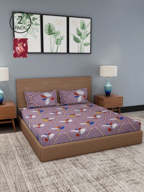 

NEUDIS Lavender & Maroon Floral 180 TC 2 King Bedsheet with 4 Pillow Covers