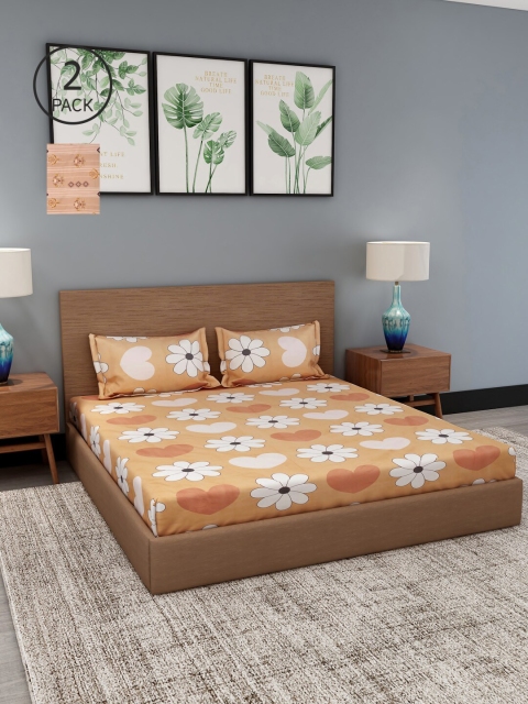 

NEUDIS Pack of 2 Beige & Orange Floral 180 TC King Bedsheet with 4 Pillow Covers