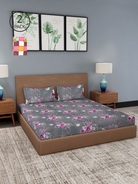 

NEUDIS Grey & Orange Floral 180 TC 2 Queen Bedsheet with 4 Pillow Covers