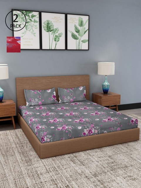 

NEUDIS Maroon & Grey Floral 180 TC 2 King Bedsheets with 4 Pillow Covers