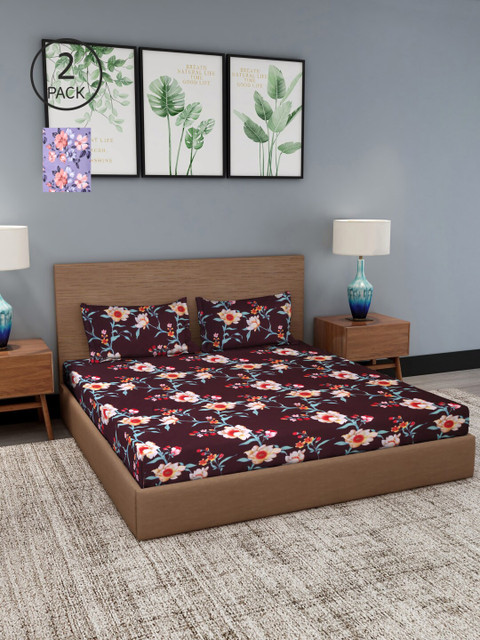 

NEUDIS Set Of 2 Brown & Turquoise Blue Floral 180 TC 2 King Bedsheet with 4 Pillow Covers