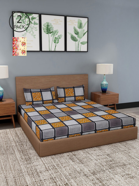 

NEUDIS Grey & Yellow Floral 180 TC 2 King Bedsheet with 4 Pillow Covers