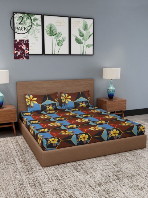 

NEUDIS Brown & Blue Floral 180 TC 2 King Bedsheet with 4 Pillow Covers