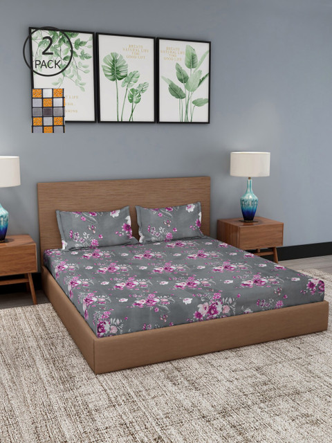 

NEUDIS Set Of 2 Grey & Purple Floral 180 TC 2 King Bedsheet with 4 Pillow Covers