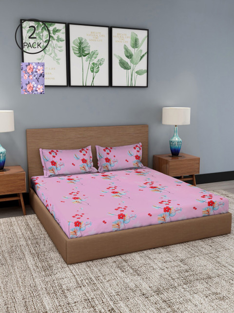 

NEUDIS Set Of 2 Lavender & Pink Floral 180 TC 2 King Bedsheet with 4 Pillow Covers