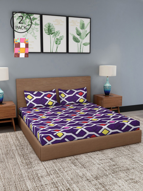

NEUDIS Set Of 2 Purple & Mustard Geometric 180 TC 2 King Bedsheet with 4 Pillow Covers