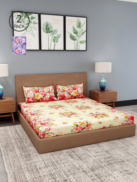 

NEUDIS Blue & Red Floral 180 TC 2 Queen Bedsheet with 4 Pillow Covers