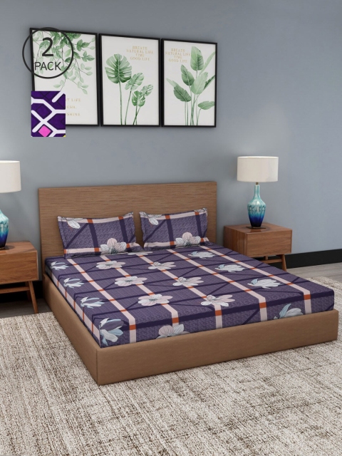 

NEUDIS Grey & Violet Geometric 180 TC 2 King Bedsheets with 4 Pillow Covers