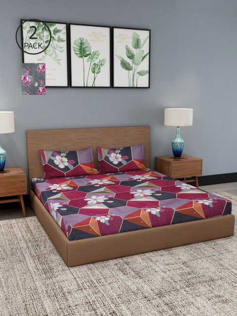 

NEUDIS Grey & Purple Floral 180 TC 2 King Bedsheet with 4 Pillow Covers