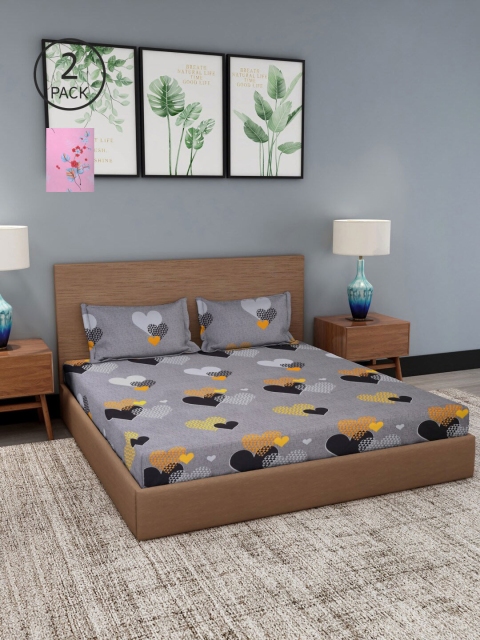 

NEUDIS Set Of 2 Grey & Rose Floral 180 TC 2 King Bedsheet with 4 Pillow Covers